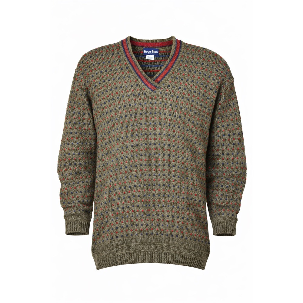 Boca Bleu Sweater Mens M Olive Green Textured Knit V-Neck Made In USA Vintage